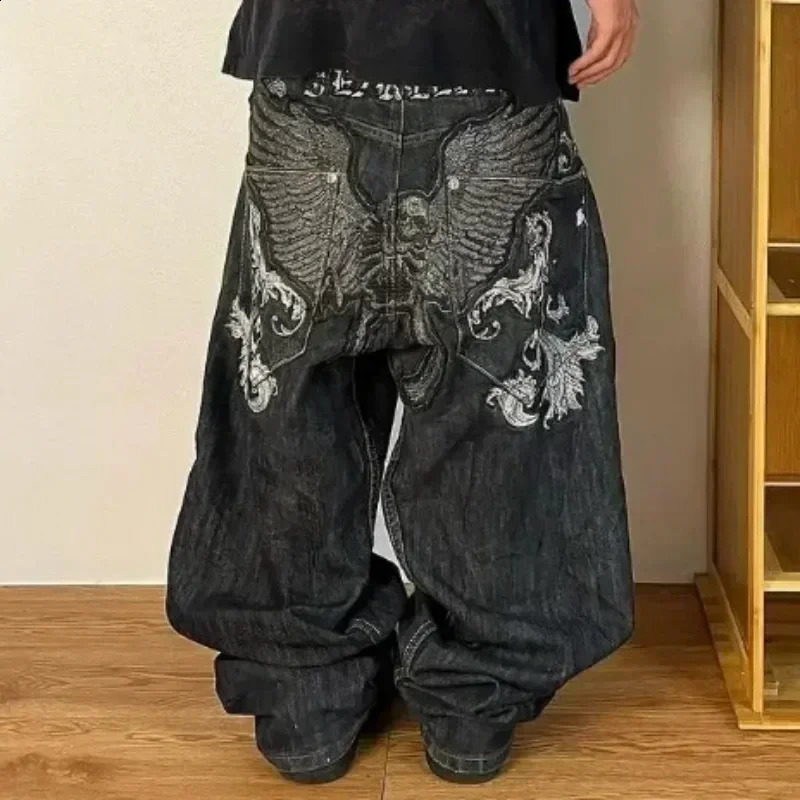2024 American Retro Skull Wings Embroidered Baggy Jeans Men And Women Y2K Harajuku Hip-hop Gothic Wide Trousers Streetwear 250122