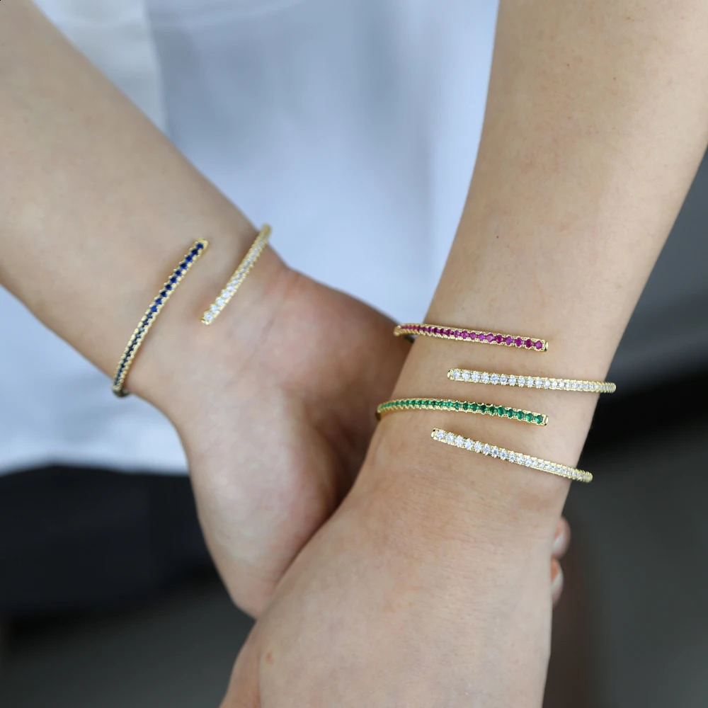 Open Adjusted CZ Cuff Bangle For Women Fashion 3 Colors Red Blue Green Cubic Zirconia Bracelet 250207