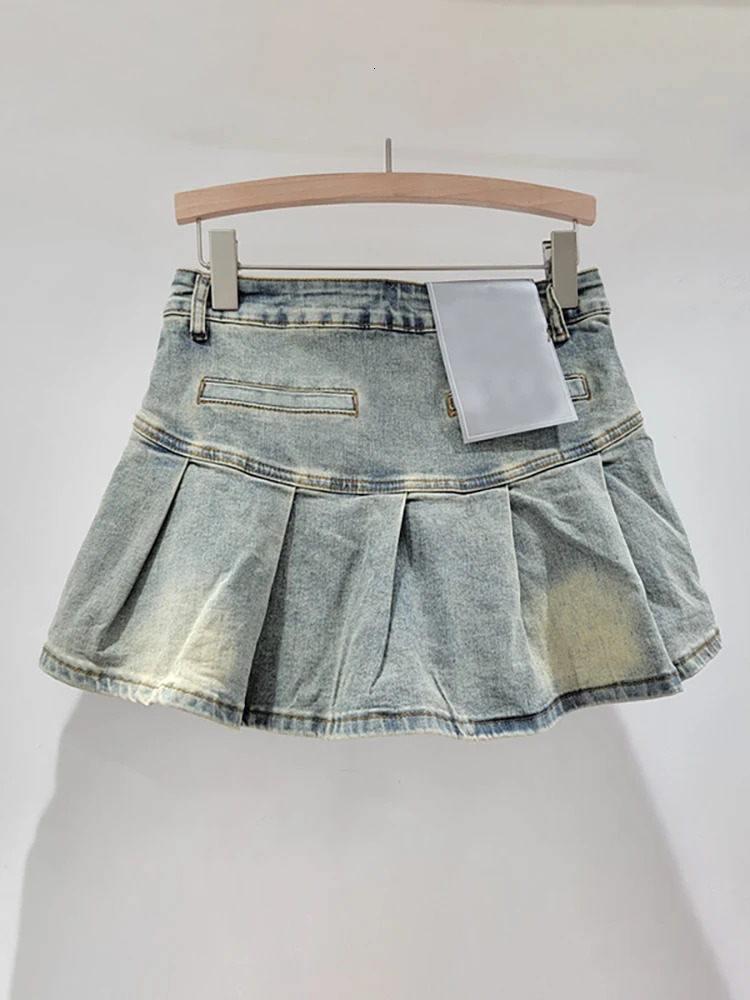 DEAT Womens Denim Skirts Patchwork Asymmetric Pockets Pleated A-line Short Cargo Miniskirt 2025 Spring Fashion 29L6949 250207