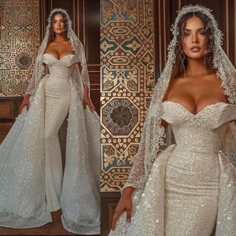 Modern Mermaid Wedding Dress With Veil Beaded Sequins Off Shoulder Bride Gowns Detachable Sweep Train Bridal Dresses Customized