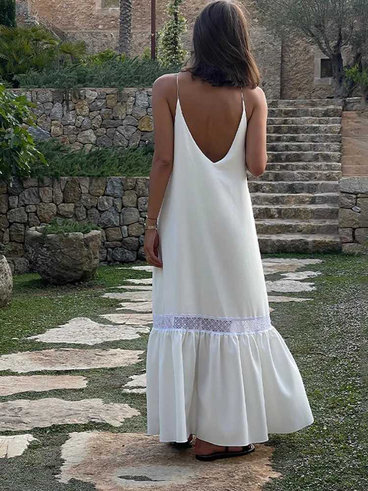 Backless Sexy Solid Color Womens Suspender Dress Ele Off Shoulder Slit Long Robes New Sveless Seaside Vacation VestidosXJ2500207