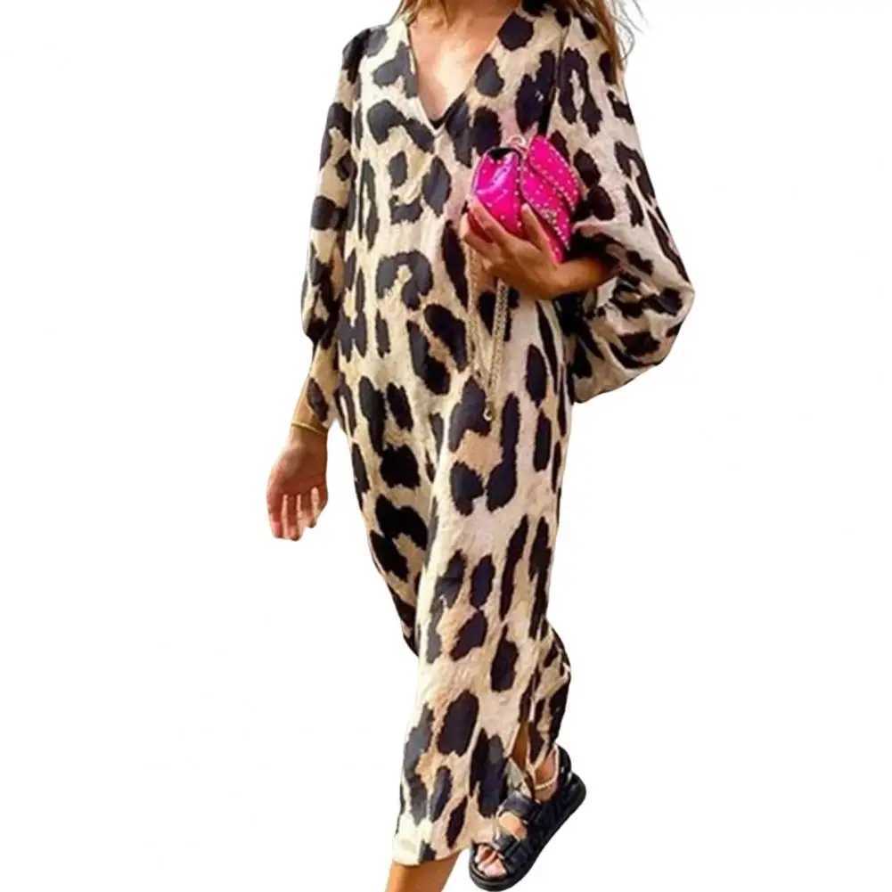 Women Dress V-Neck Lantern Sve Side Split Hem Long Dress Leopard Print Loose Ele Party Dress Fe ClothingXJ2500207