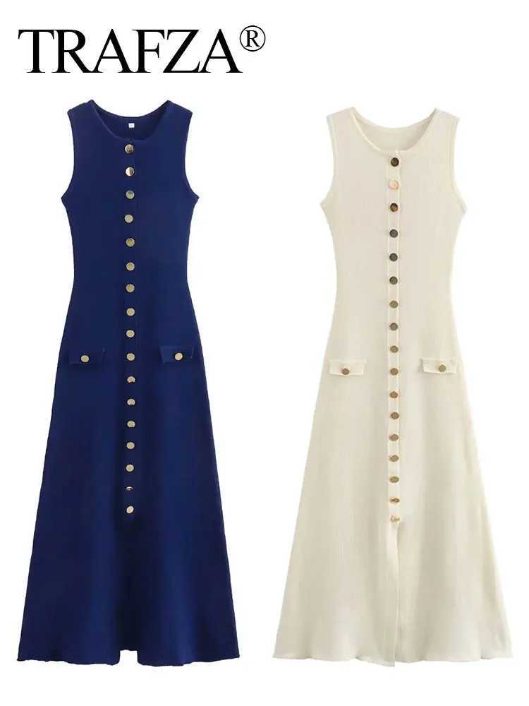 TRZA Women Ele Solid Knitted Dress Single Breasted O Neck Sveless Dresses With Pockets Slim Midi Dress Office Lady TRXJ2500207