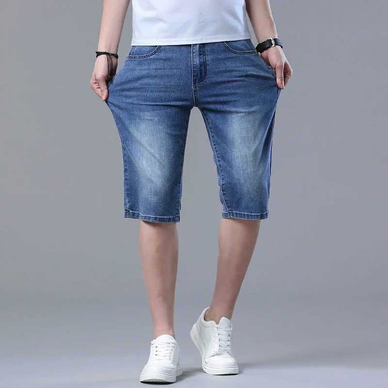 Summer Thin Mens Slim Fit Denim Shorts Cotton Blue Stretch Straight Light Business Casual Short Pants Classic Style Male 250207