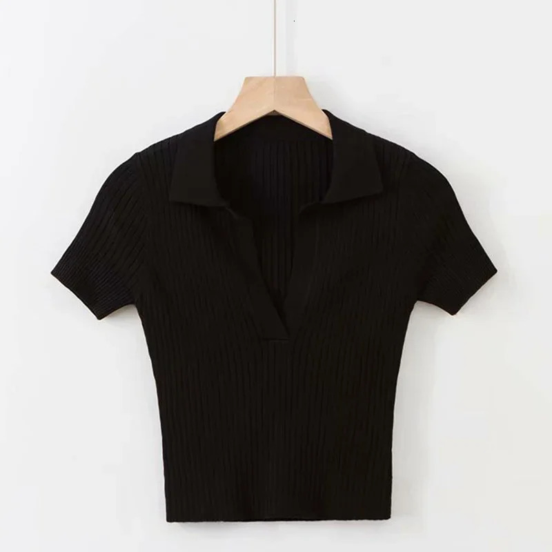 Short Sleeve Collared Crop Top for Women Turn-down Collared Fitted Rib-Knit Tee Shirt Summer Teen Y2K Outfit 250207