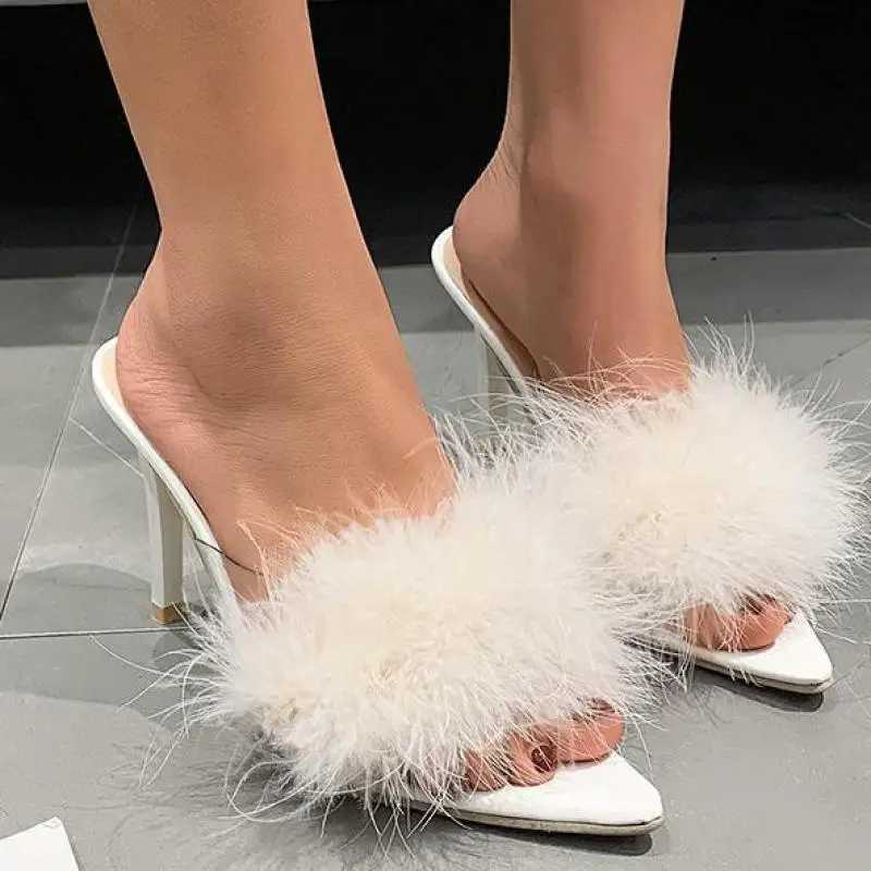 Women Slippers High Heels Fur Stiletto Peep Toe Mules Ladies Indoor Rubber Zapatillas Mujer Pointed Red Summer New Sexy ShoesXJ250207