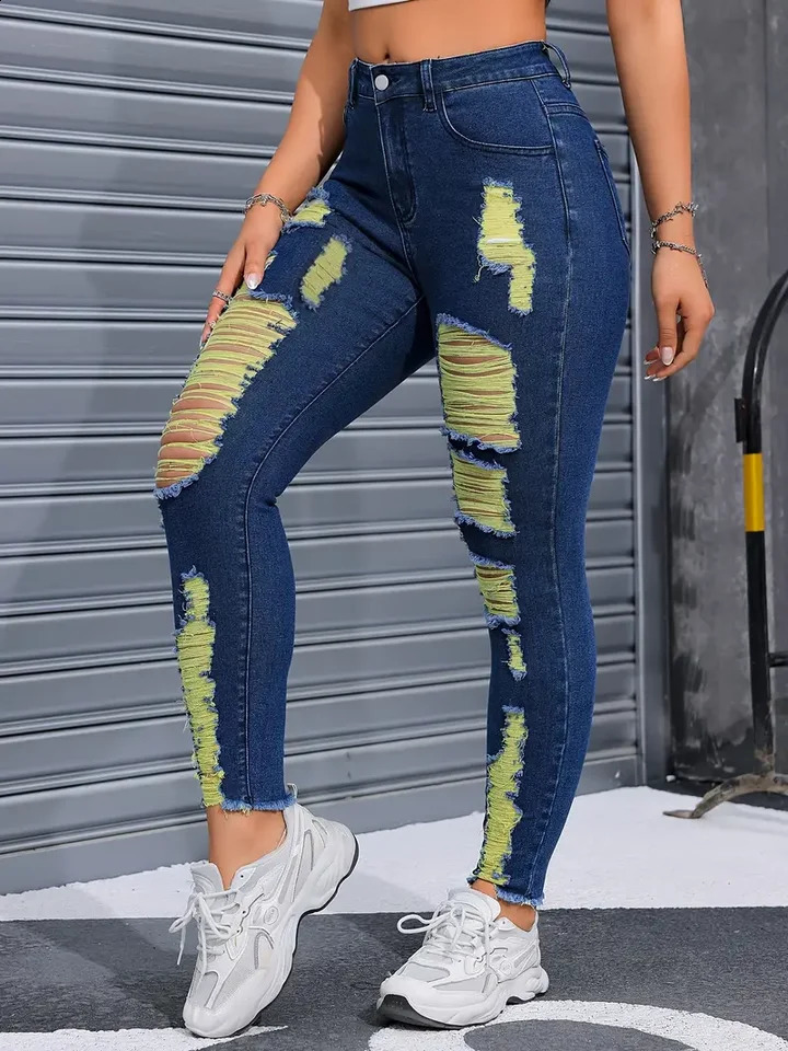 Ripped Jeans For Women Yellow Scratch Denim Pencil Pants High Waisted Stretch Skinny Hollow Out Sexy Female Mujer 250206