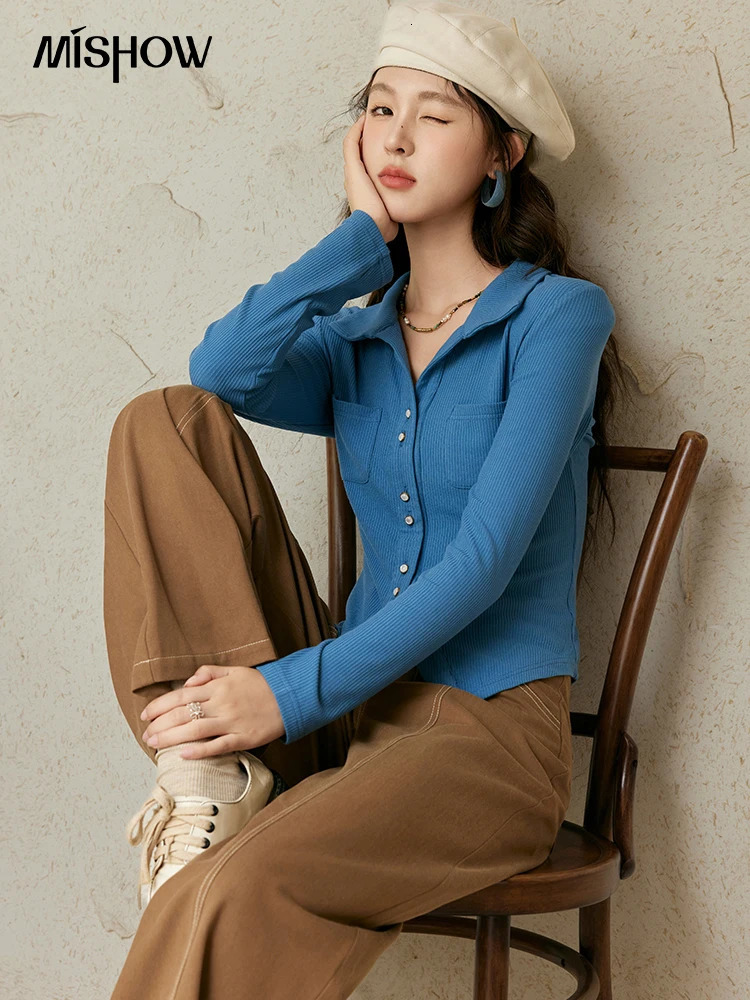 MISHOW Polo Collar Knitted Long Sleeves T-shirt for Autumn 2024 Elastic Slim Top Single Breasted Metal Button Tees MXD44T0397 250207