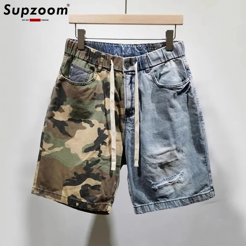 Supzoom 2023 Arrival Ulzzang Summer Pattern Length Zipper Fly Stoashed Camouflage Patchwork Jeans Shorts Men 250207
