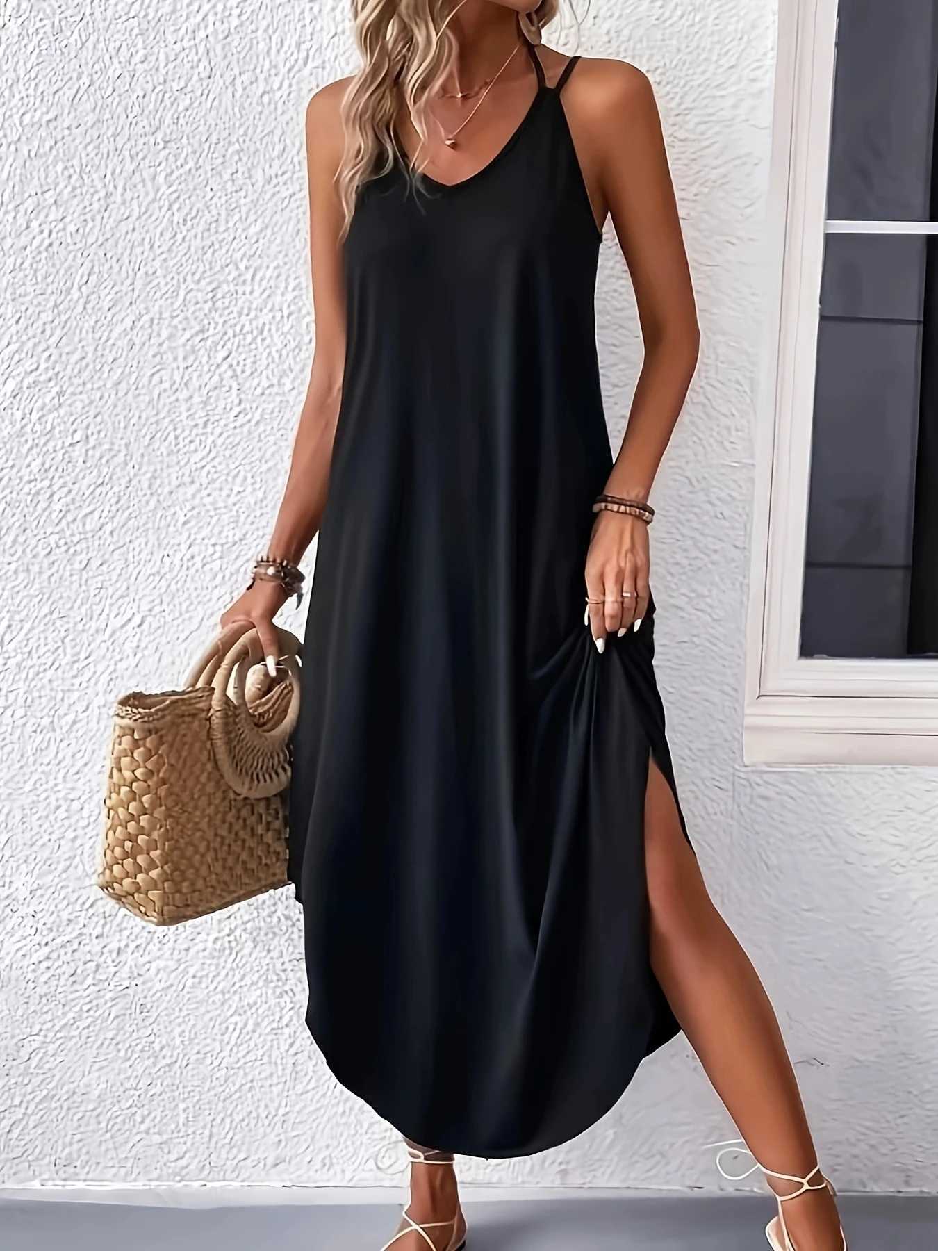 Solid Color Curvy Hem Cami Dress Sexy Sveless Spaghetti Strap Loose Maxi Dress Womens ClothingXJ2500207