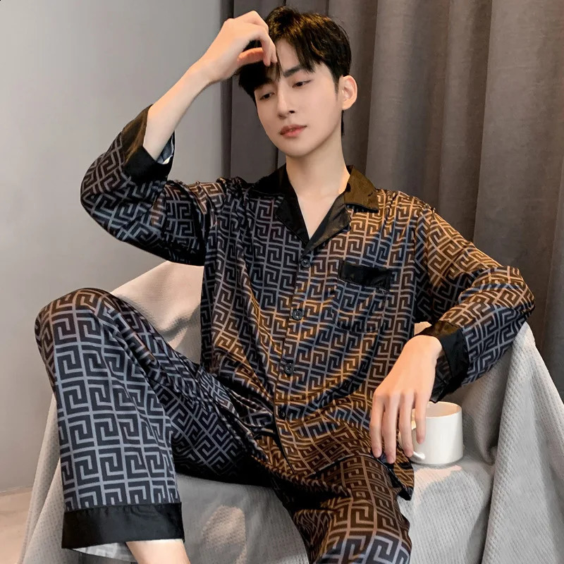 Pajamas Men Spring Summer Thin Ice Silk ious Loose Fitting Home Wear Suit Male Satin Pyjamas Set Night Sleep-Suit Gentlemen 250206
