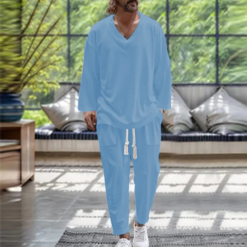 2024 SpringAutumn Trend Mens Fashion Vneck Shirt Casual Comfortable Loose Long Sleeve Pants Solid Color Beach Set 250207