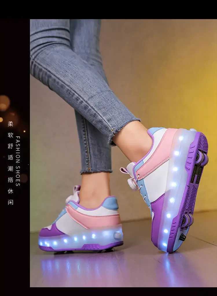 New four-wheel rear-wheel retraction with brake seven-color light walking shoes childrens rotary button roller skates W250207