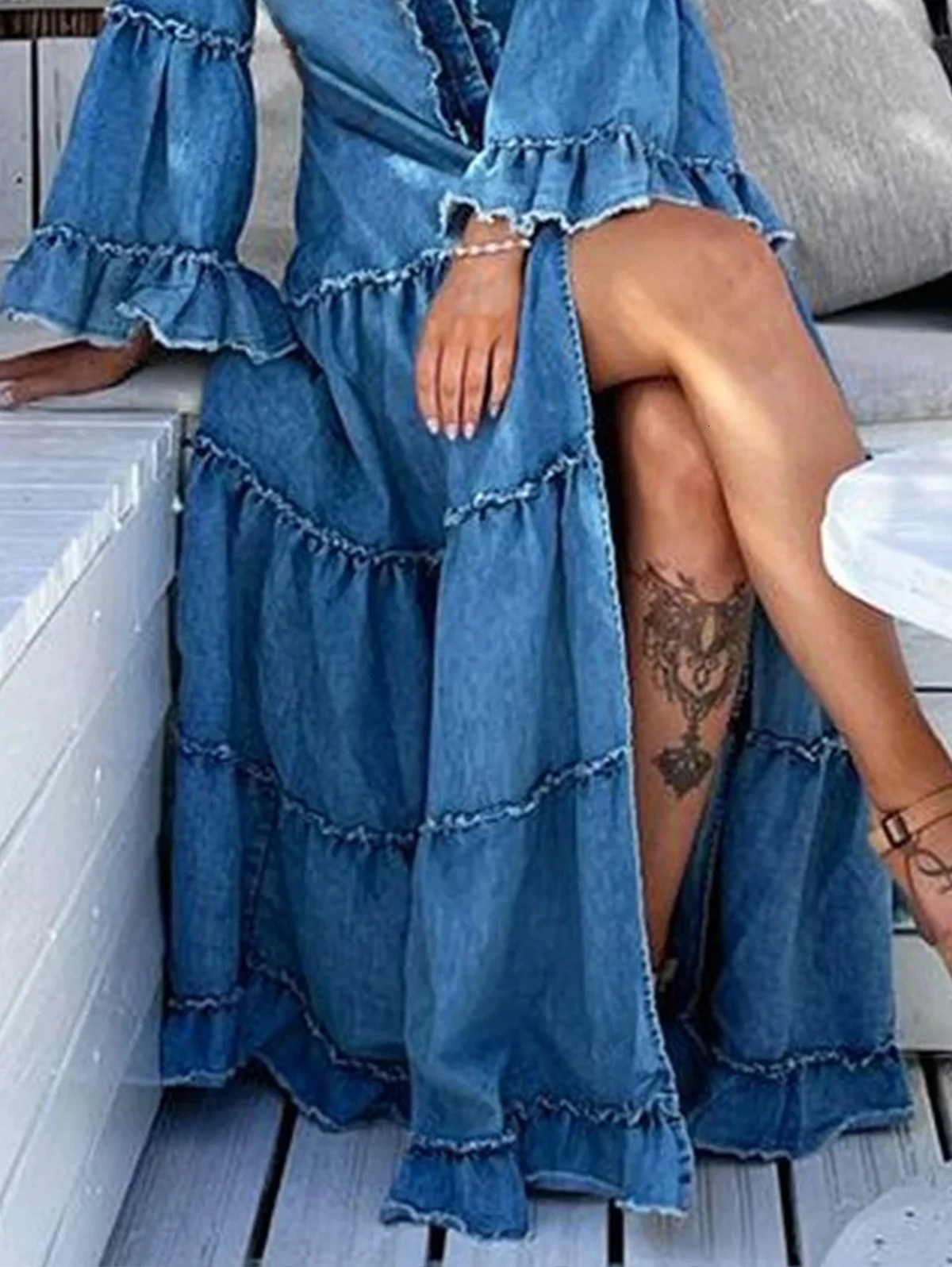 Women Demin Maxi Dress O Neck Irregular Fashion Long Dress Elegant Party Casual Long Sleeve Solid Slit Ruffled Vestidos 250207