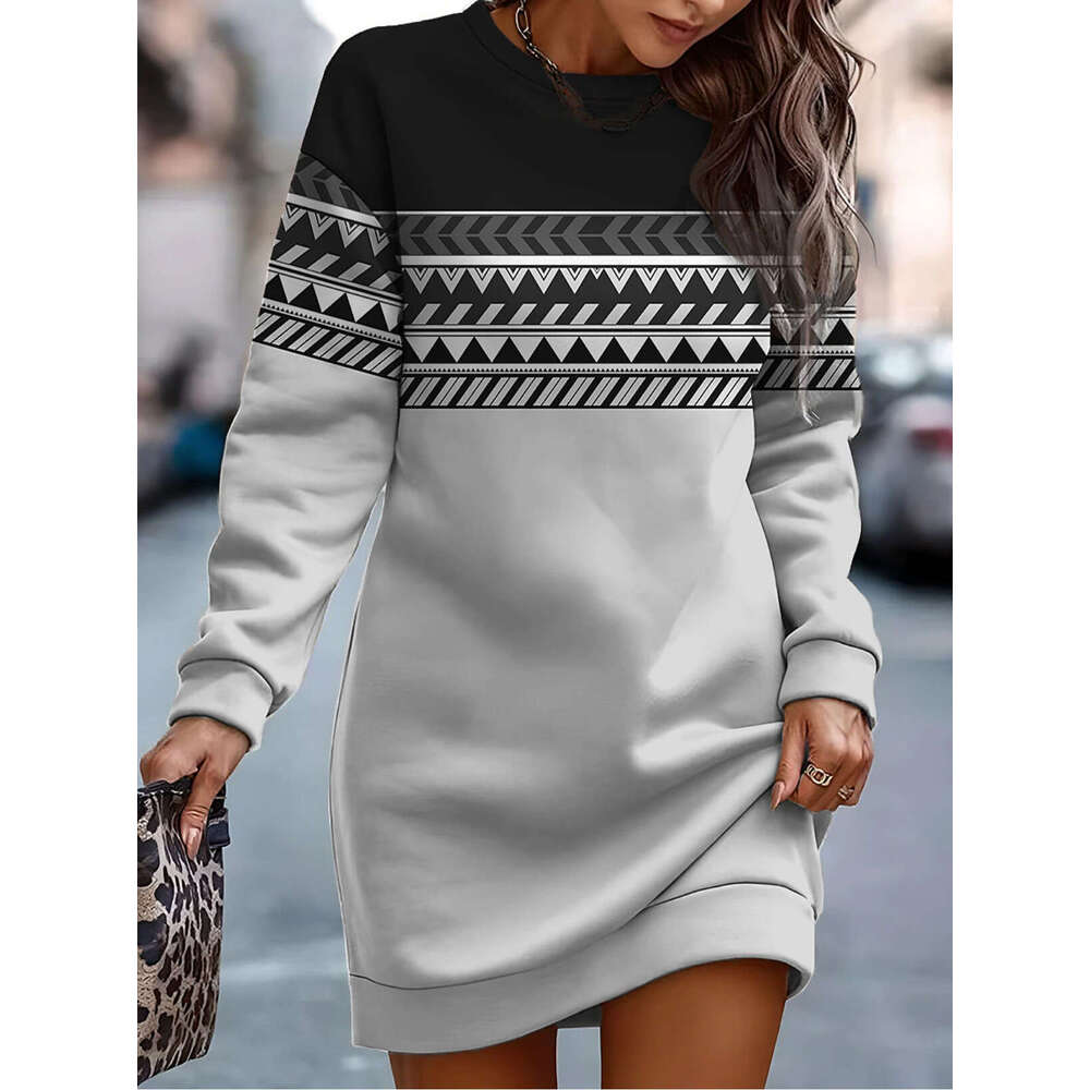 Autumn winter European and American women's hot selg printed contrasting round neck hoodie dress 2024 temperament versatile new trendy clothing i