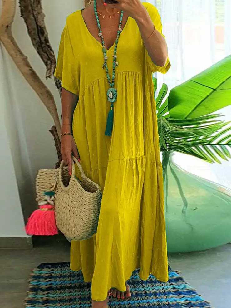 Summer New Casual Solid Color Cotton Hemp Short Sve Long Womens Dress Simple Loose Beach Maxi Fe Fashion Dresses 2023XJ2500207