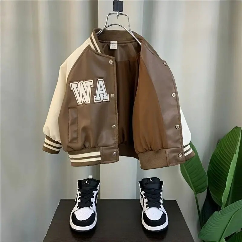 Spring Autumn Boys Leather Jackets For 2-8 Years Classics Handsome Baby Boy Pu Outerwear Kids Clothing Zipper Coats 250206