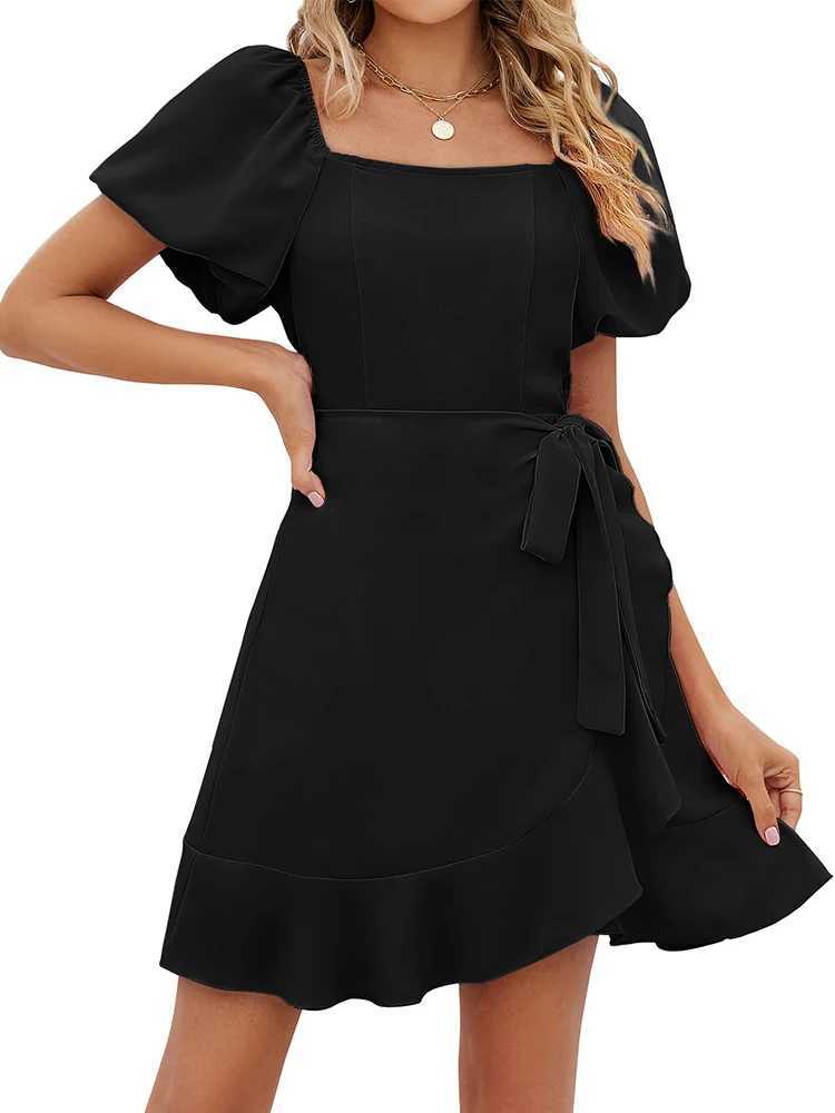 Sporty chic 2024 Womens Summer Wrap Dress Short Sve Casual Square Neck Ruffle Mini Dress Casual Loose PolyesterXJ2500207