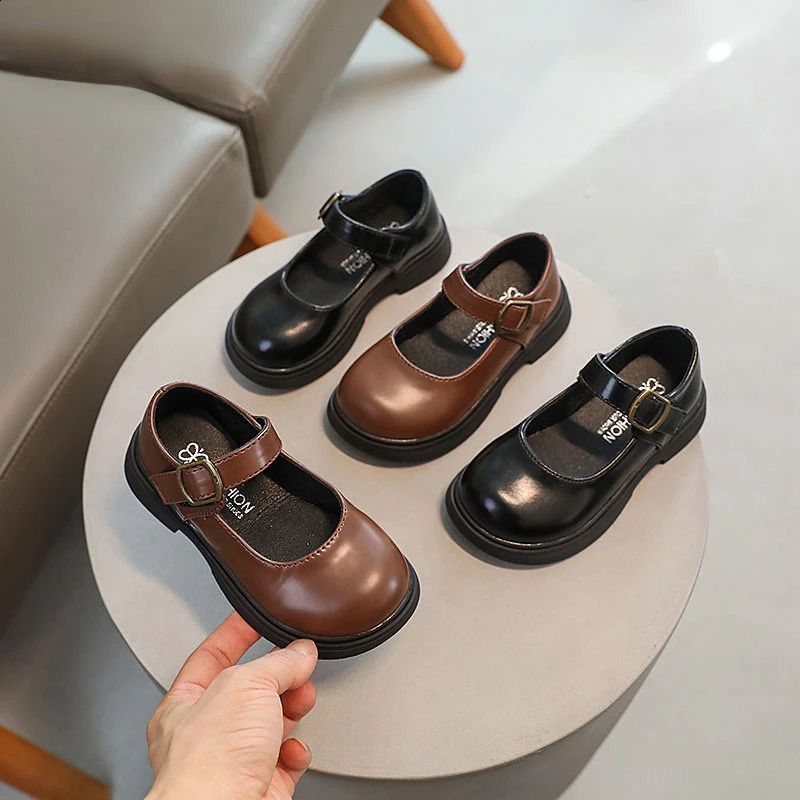 Children Fashion Girls Leather Shoes Versatile Soft Spring and Autumn Black UK Uniform School Shoes Round-toe Brown PU 250206