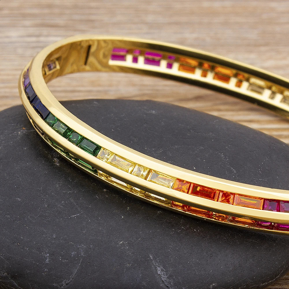 AIBEF Fashion Charm Rainbow Rhinestone Bangles Copper Zirconia Cuff Bracelets High Quality Jewelry Gift For Women Girls 250207