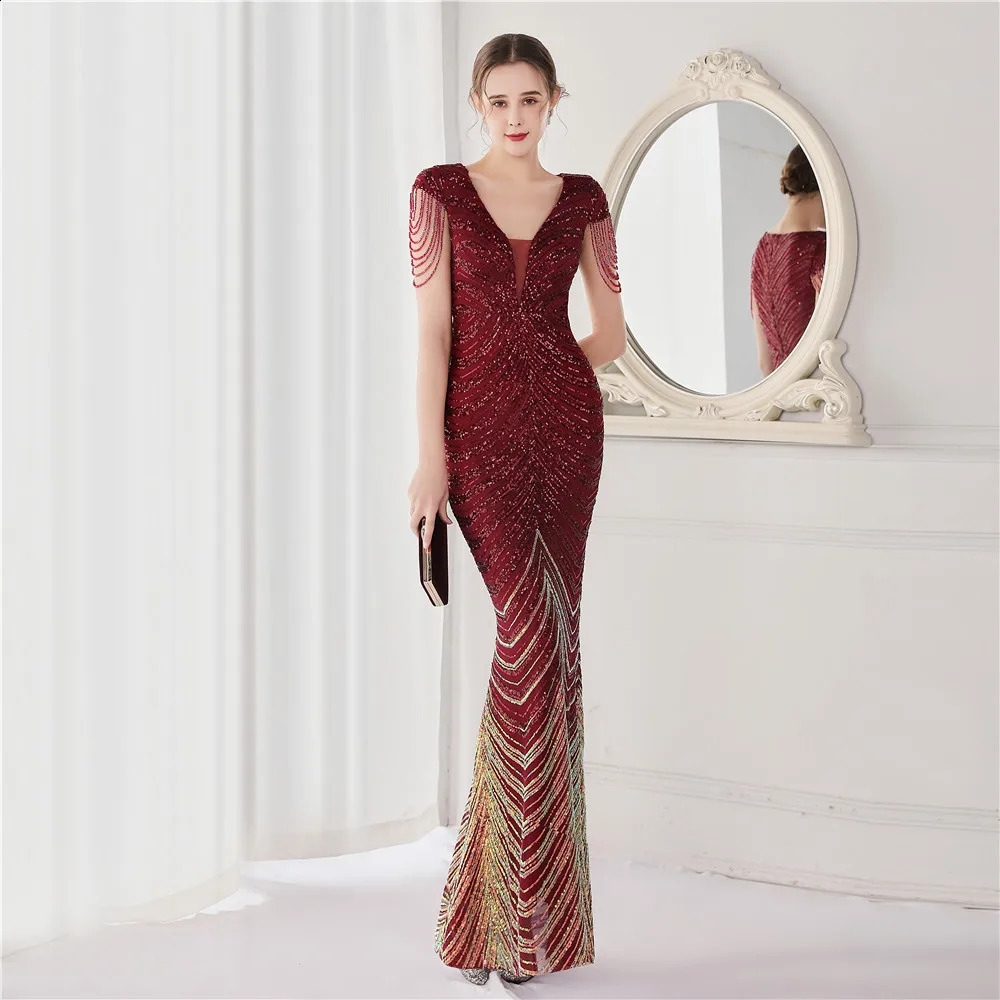 DEERVEADO Elegant V Neck Mermaid Evening Dress Long Beads Women Evening Party Dresses Formal Dress 19085 250114