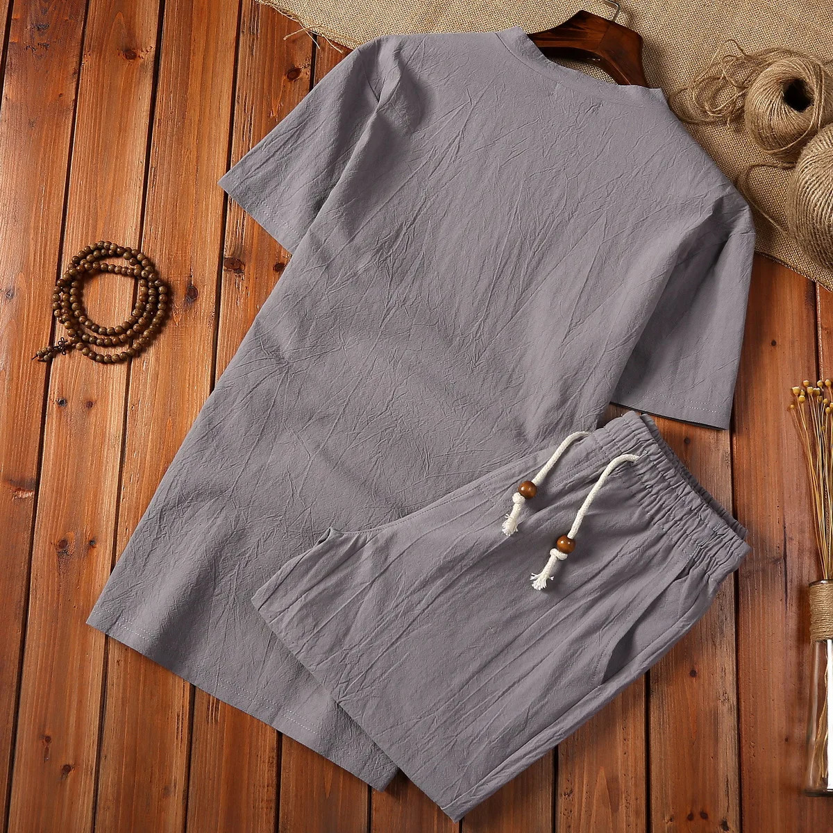 5XL summer loose retro casual cotton linen mens clothing Chinese style long sleeved Tshirt twopiece set 250207
