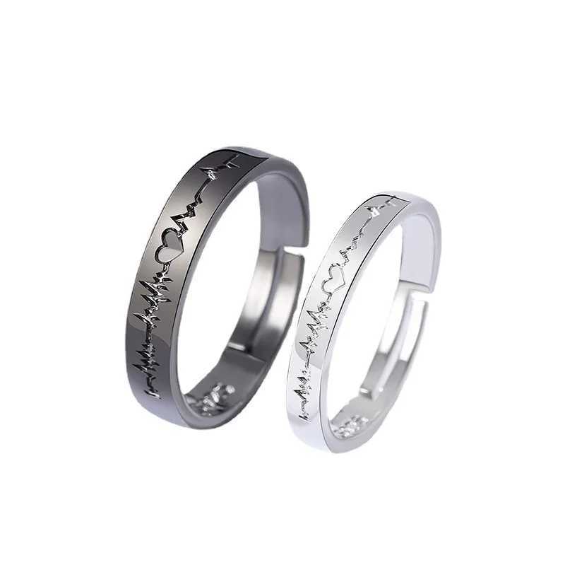 2Pcs/set Romantic Couple Rings for Women Men Punk Heart ECG Black White Sun Moon Wedding Ring Valentines Day Gift W250207