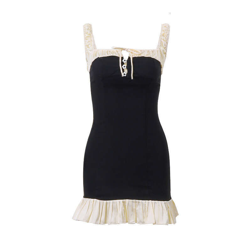 European American spring and summer hot fashion sexy spicy girl slim fit contrasting color ruffle edge dress 2025 temperament versatile new trend clot