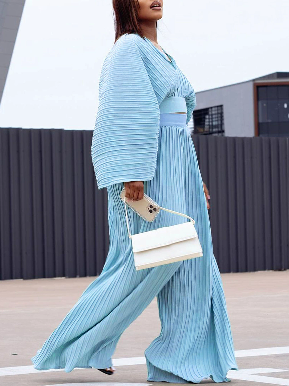 Women's Two Piece Pants Women Elegant Loose Suits Long Sleeve V Neck Crop Top & Wide Leg Pleated Set