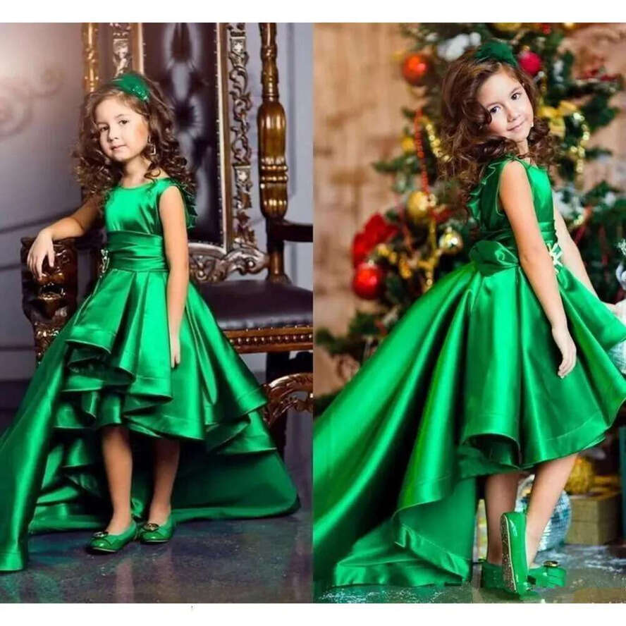 High Vintage Low Green Emerald Girls Pageant Dresses 2019 Ruffles A E Kids Birthday Party Wear Charming Child Communion Gowns Ba4830