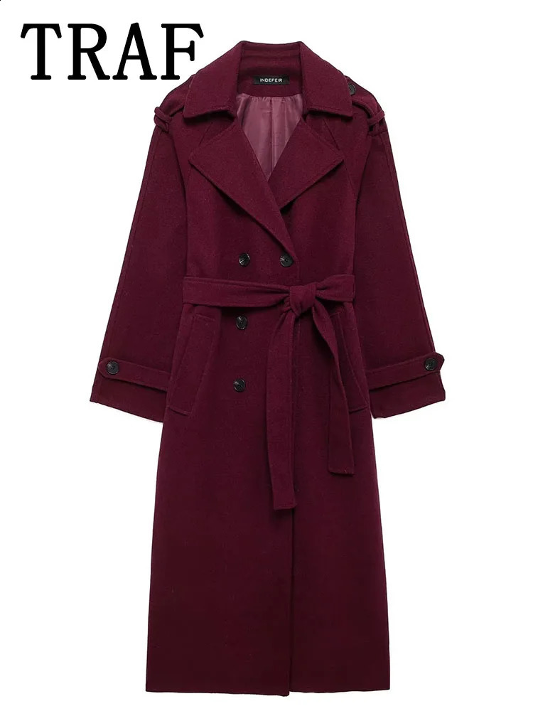 TRAF 2024 Woman Burgundy Winter Coat Womens Jacket Autumn Long Sleeve Belt Outerwear Chic Fashion Woolen 250109