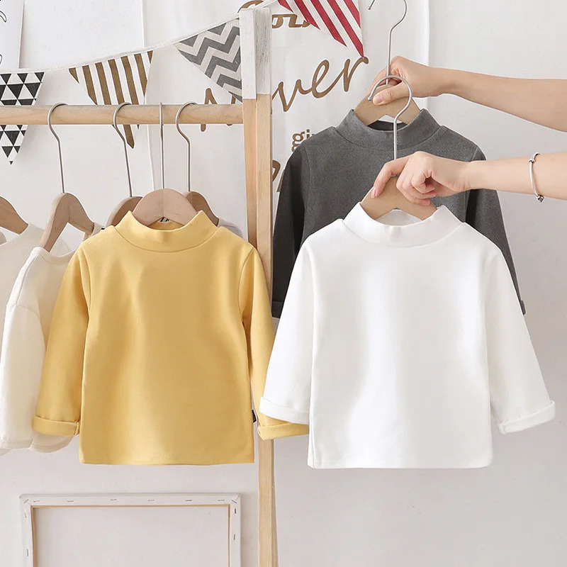1pcs Spring Autumn Childrens T-Shirts Baby Solid Color Warm Top Kid Half High Collar Long Sleeve Base Shirt Boys Girls Tshirts 250207