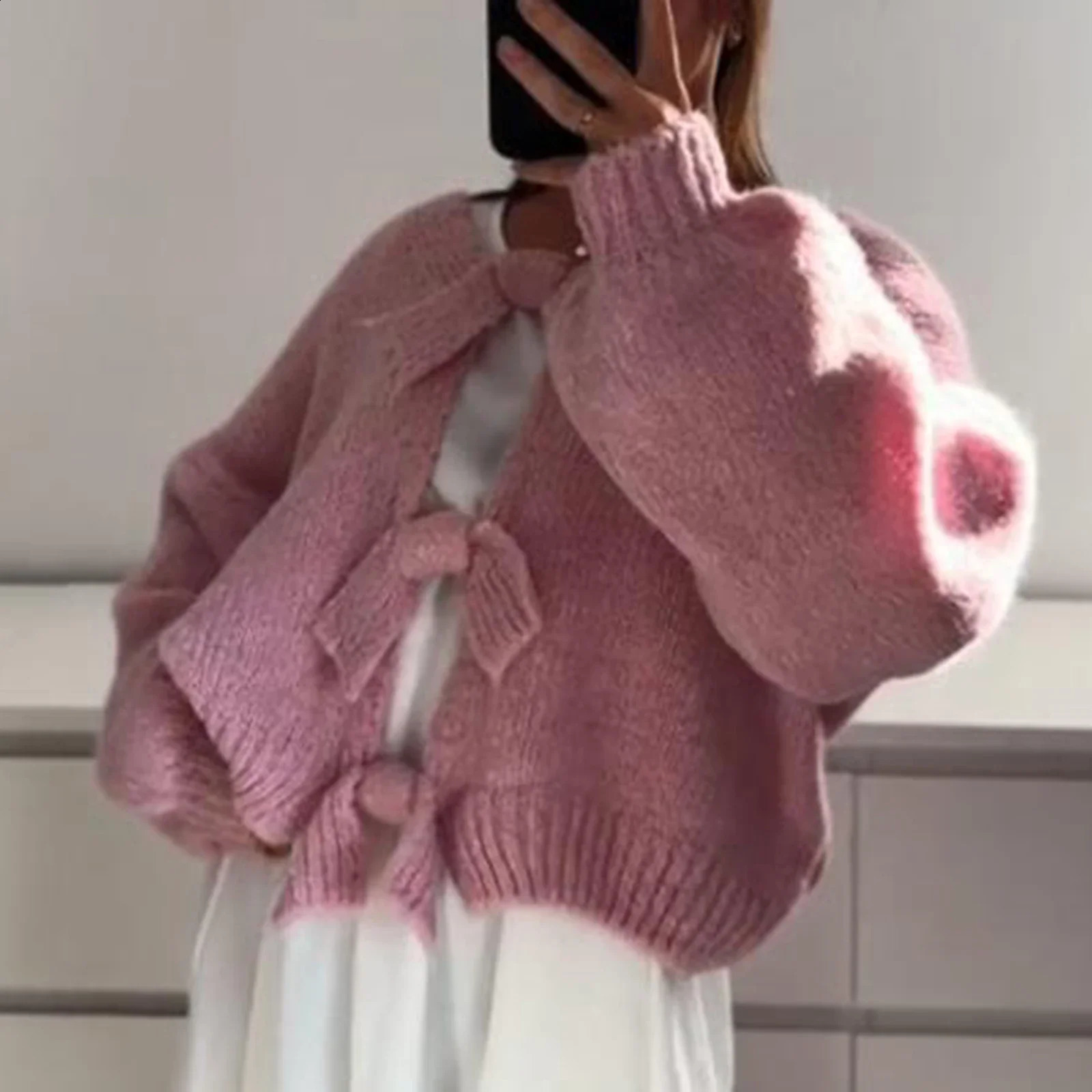 GuliriFei Women y2k Sweaters Knitted Cardigan Elegant Long Sleeve Front Tie-up Spring Autumn Casual Jackets Sweaters Streetwear 250206