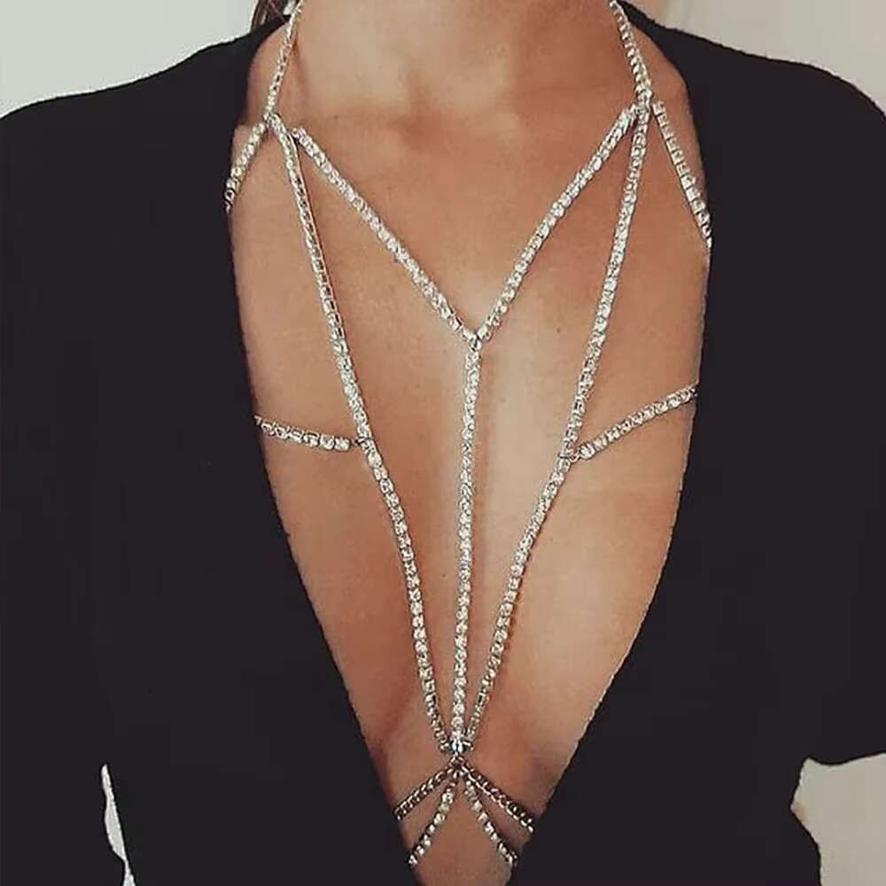 Shine Rhie Cross Chest gerie Harness Necklace Nightclub DJ Outfits Sexy Bikini Bra Chain Tassel Body Jewelry