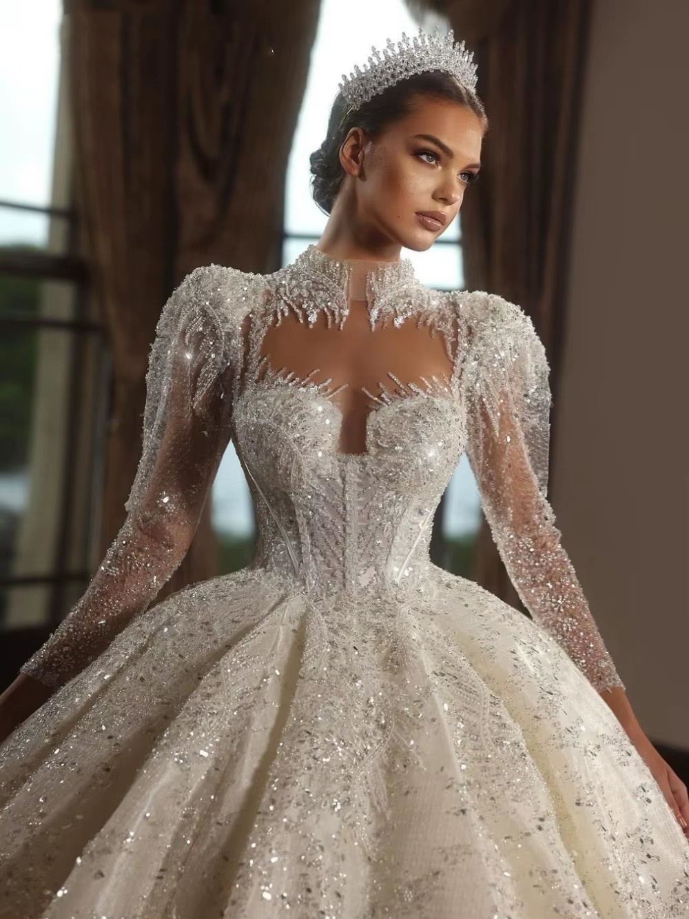 Vintage Women Wedding High Collar Long Sleeves Bridal Gowns Sequins Appliques Sweep Train Dress Custom Made vestidos de novia