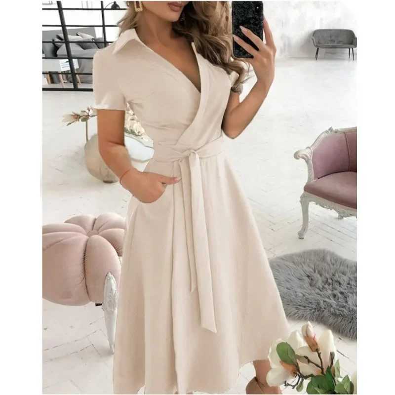 2023 Spring Autumn Dress Women Fashion Solid Slim Pocket Lace Up Dress Women Casual Printed Short Sve V-neck High Waist DressXJ2500207