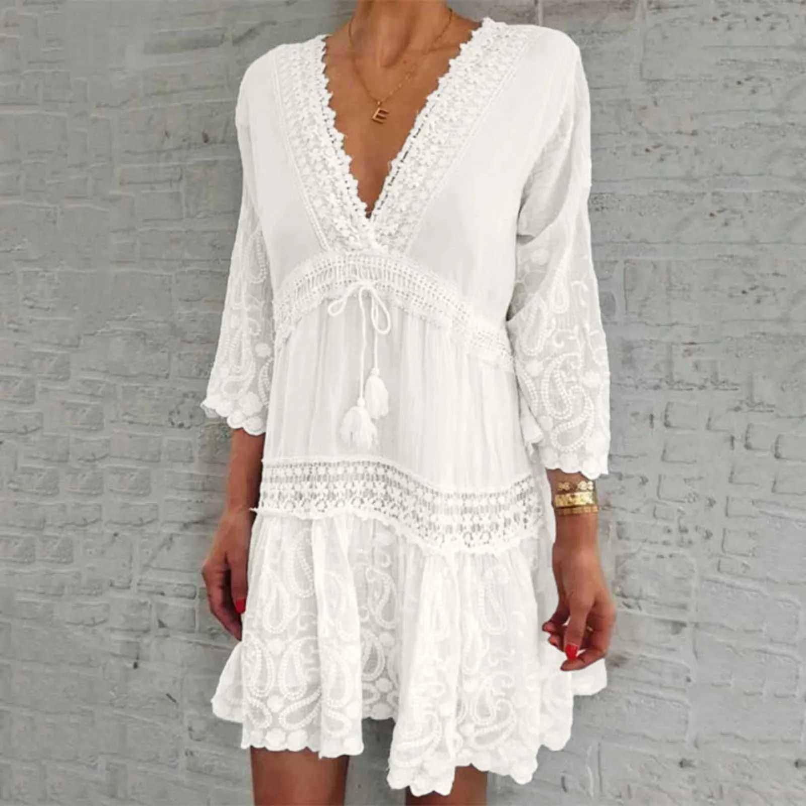 Dresses For Formal Occasions Womens Fashion V Neck Lace Jacquard Seven Quarter Sve Bohemian Floral Dress Sexy Beach SundressXJ2500207