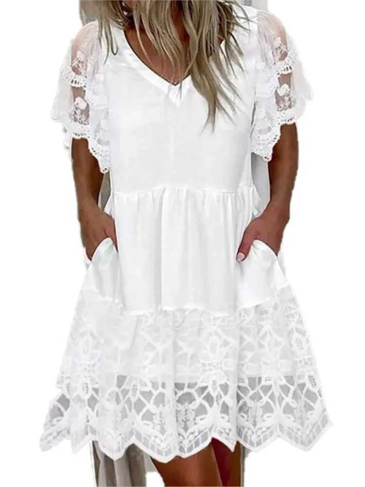 White Lace Patchwork Dress For Women Summer 2024 Casual V-neck Short Sved A-line Dress Fashion Boho Beach DressesXJ2500207