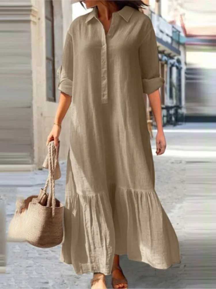 Cotton Linen Long Dress Women Long Sve Button Solid Color Casual Ruffles Loose Dresses Spring Autumn Comfortable Shirt DressXJ2500207