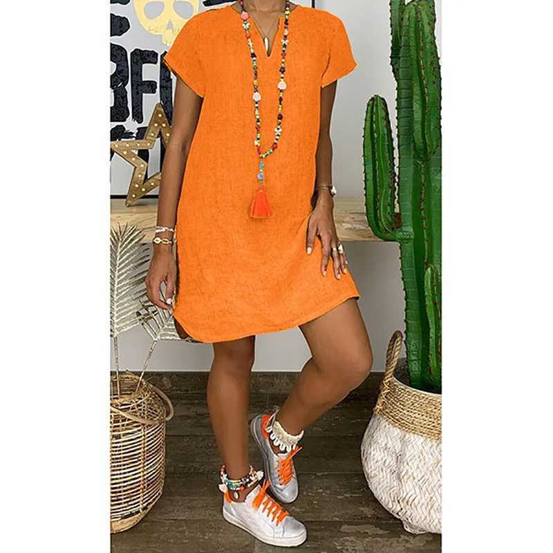 Summer loose solid color short sved V-neck cotton linen dress Womens stock dressXJ2500207