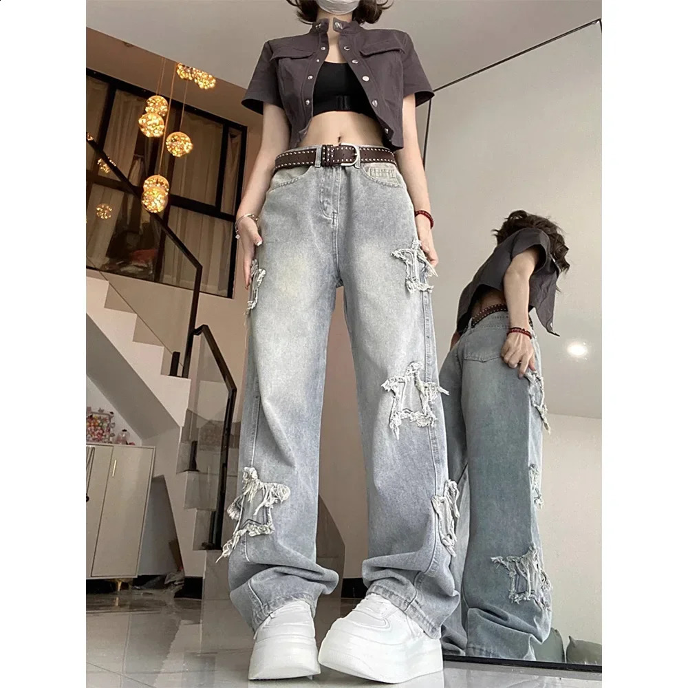American Retro Star Pattern Blue Denim Trousers for Women Korean Ins Highwaisted Jeans Straight Leg Fashion Washed Female Pants 250206