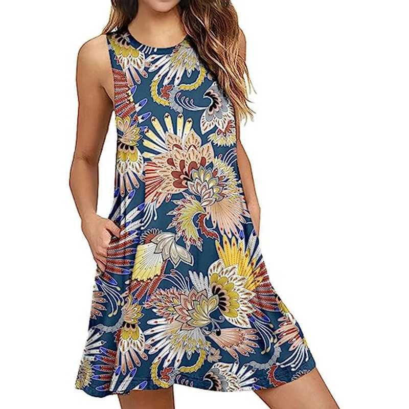 New Womens Dresses Summer Casual Sveless Skirts Suower Printed Round Neck Large Size Vest Dress Haii Beach SundressesXJ2500207