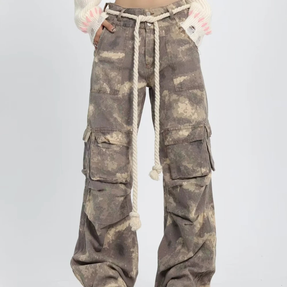 Autumn Camouflage Overalls men Clothing Cotton Drawstring Casual Baggy Pants Loose Wide-Leg Trousers Pantalones y2k homme 250206