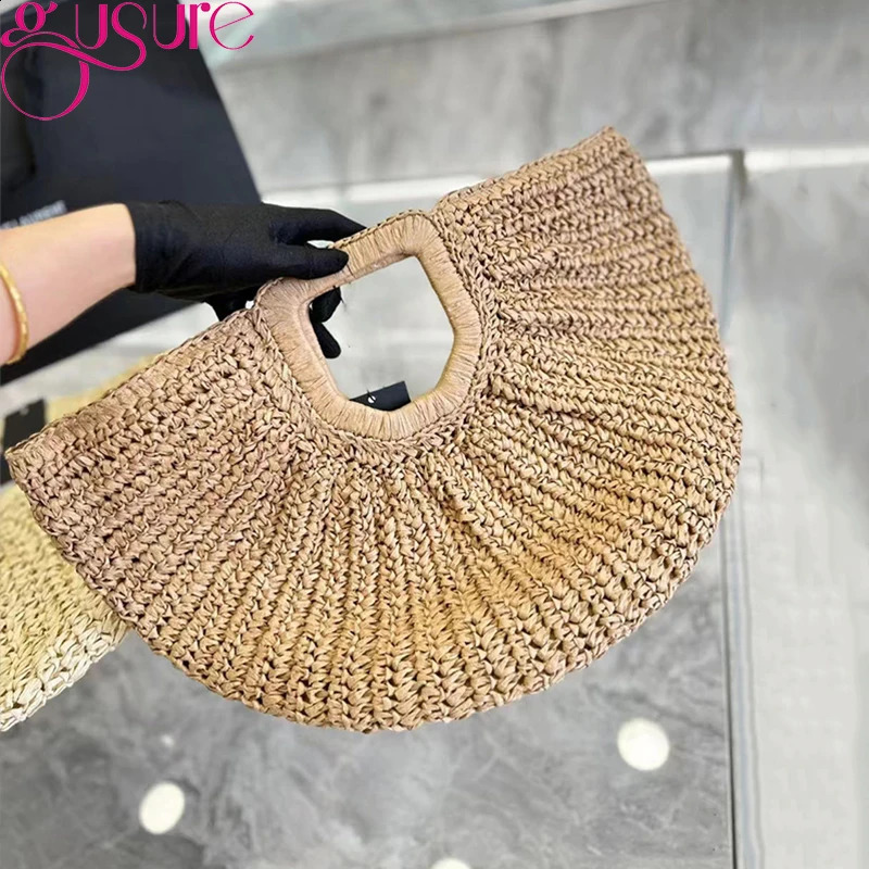 Gusure Bohemia Rattan Large Capacity Shopper Tote Bags Women Moon Wicker Woven Handbag Summer Beach Straw Shoulder Bag 250207