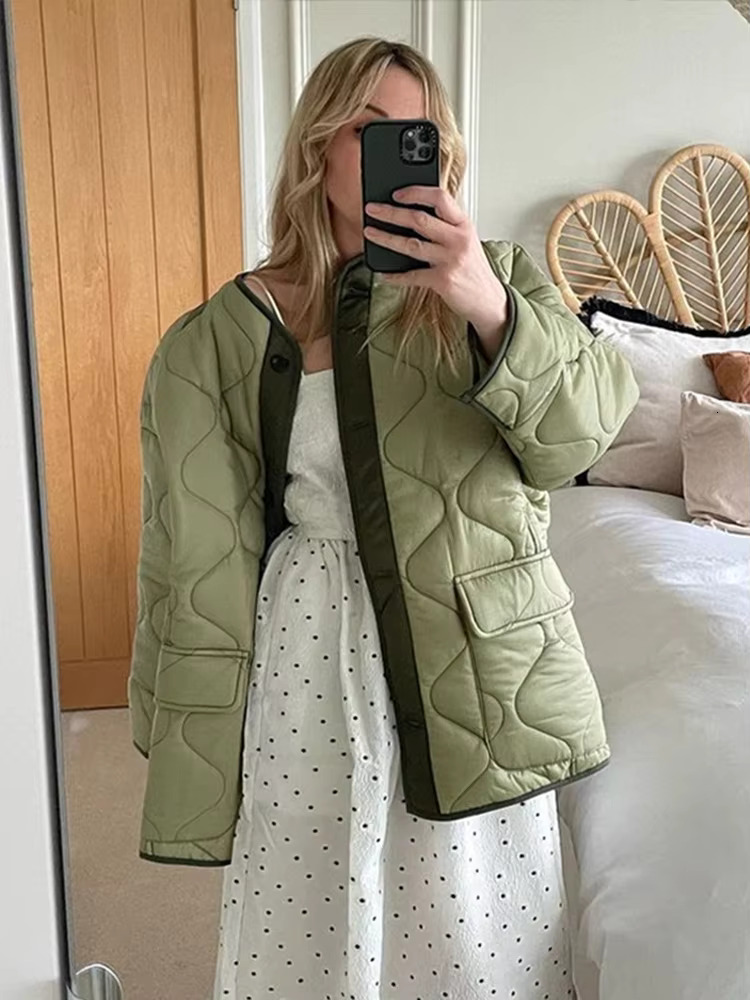 Loose Women's Cotton Coat Green O-Neck Irregular Stripe Long Sleeve Single Breasted Female Overcoat Winter Fashion Lady Jacket