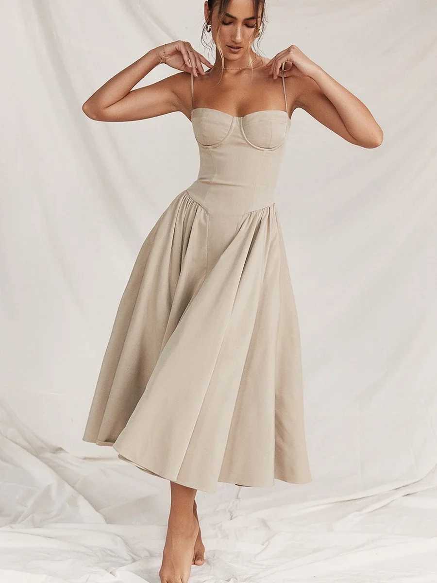 Combhasaki Womens Summer Vintage Casual Solid Color Slveless Backless Fashion Dropped Waist Low-Cut Cami A-line Long Dress X250207