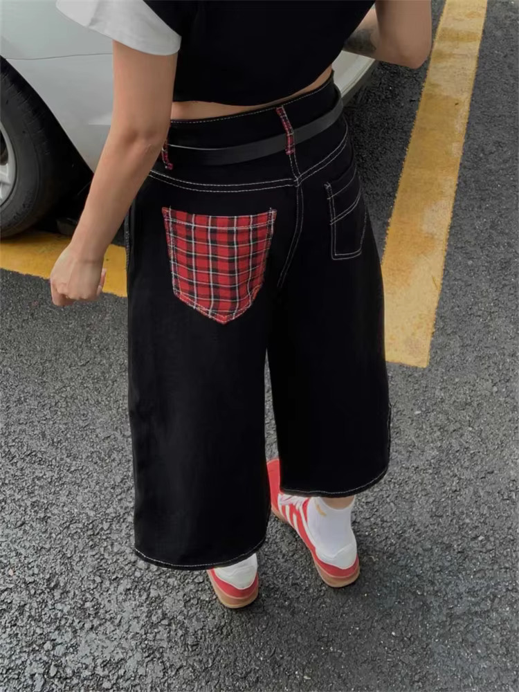 Summer Women's Red Checkered Pocket Cropped Jeans Young Girl Wide Leg Denim Shorts Female High Waist Loose Retro S Pants