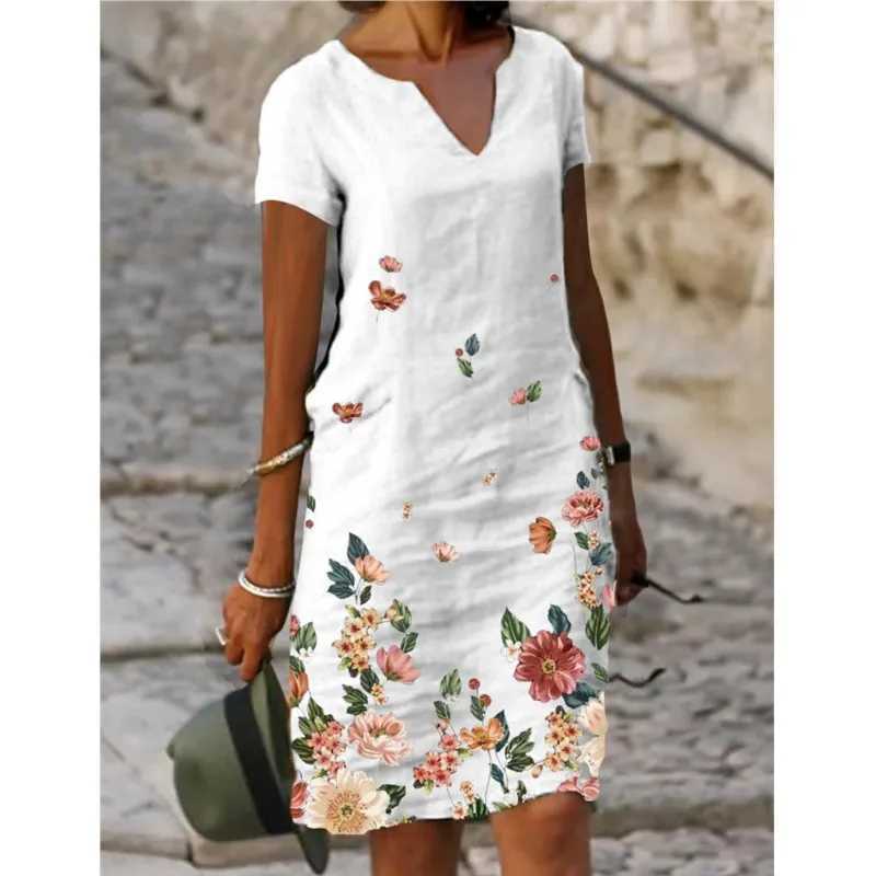 Casual Loose Print Vintage Summer Women Printed Cotton Short Sved V-neck Sexy Midi Dresses Ele Vestido Feminino S-5xlXJ2500207