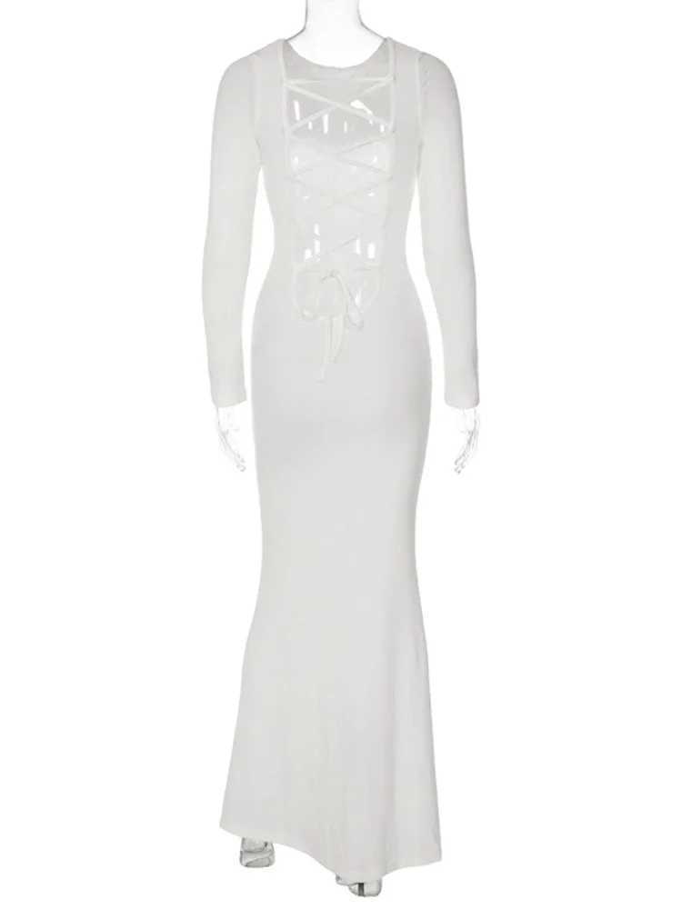 BWQ Lace Up Backless Long Sleeve Maxi Dress Women Bodycon White Long Dress Party Elegant Clothes Birthday Outfit Fall Autumn X250207