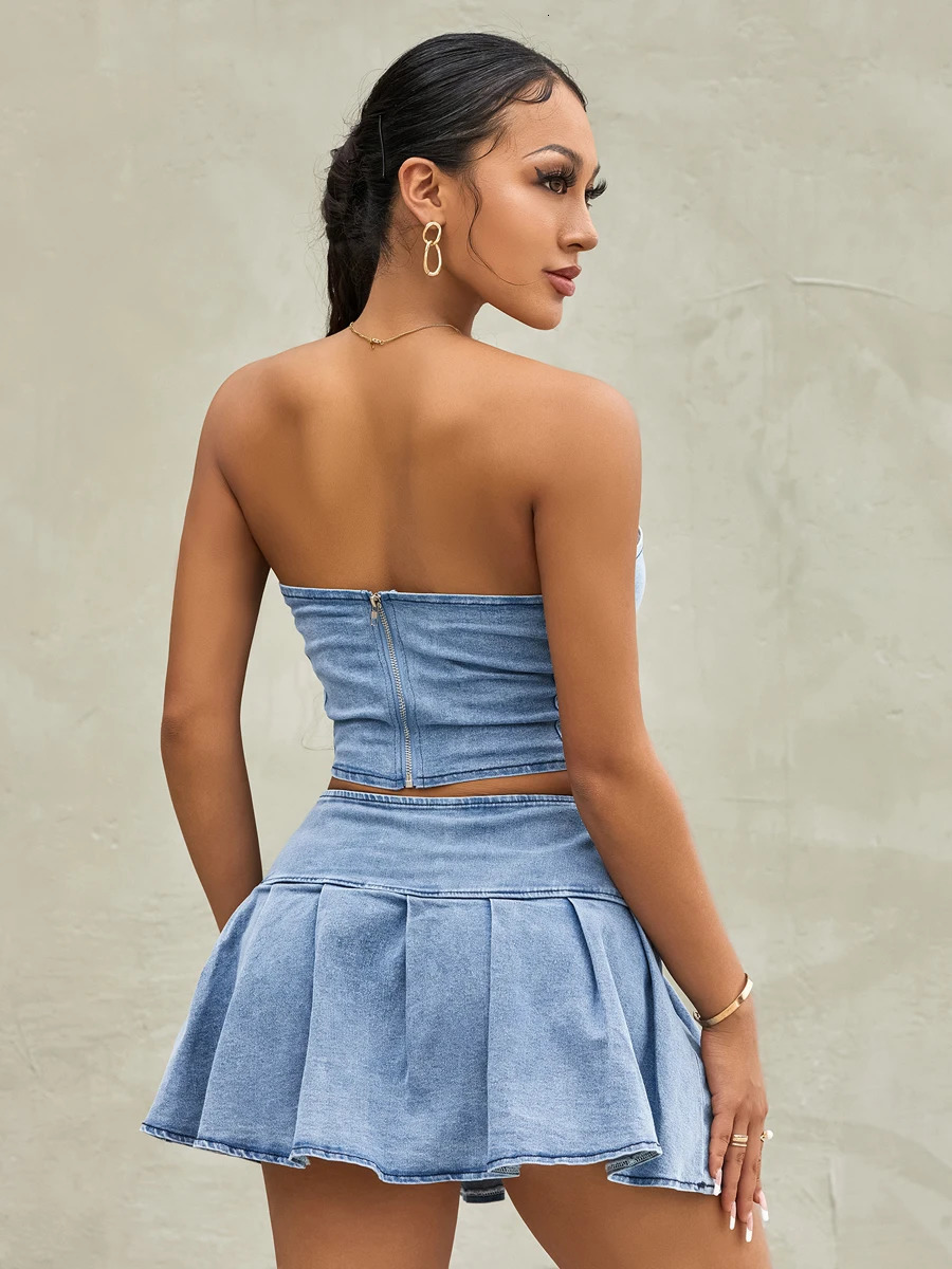 Womens Summer 2PCS Outfit Sets Solid Color Sleeveless Off Shoulder Zipper Bandeau Pleated Denim Skirt 250207